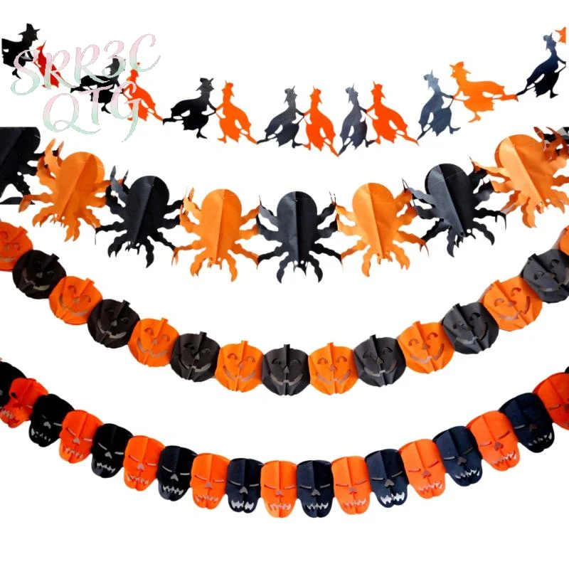 Halloween Paper Banner Spider Pumpkin Ghost Bat Paper Chain Halloween Decoration Garland Banner Paper Pull Flower Party Supplies