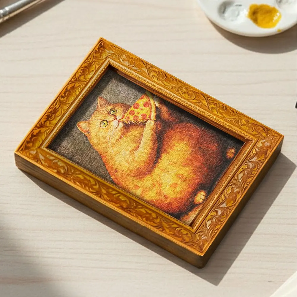 Funny Chubby Orange Cat Eating Pizza Fridge Magnet, Vintage Framed Magnetic Art for Kitchen Refrigerator & Home Decor