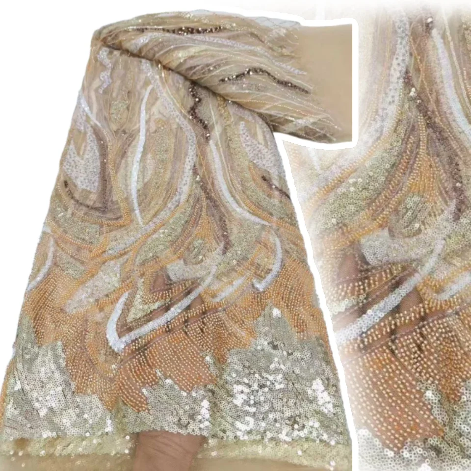 

Новый дизайн, роскошная африканская кружевная ткань с блестками и бисером, Франция, Нигерия, тюль, вечерние платья, женские свадебные кружевные ткани, 5 ярдов 1410