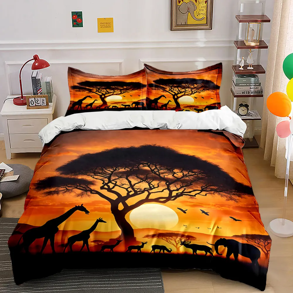Wildlife silhouettes at sunset Pattern Duvet Cover Set Digital Print Colorful Polyester Bedding with Zipper Closur for kids gift