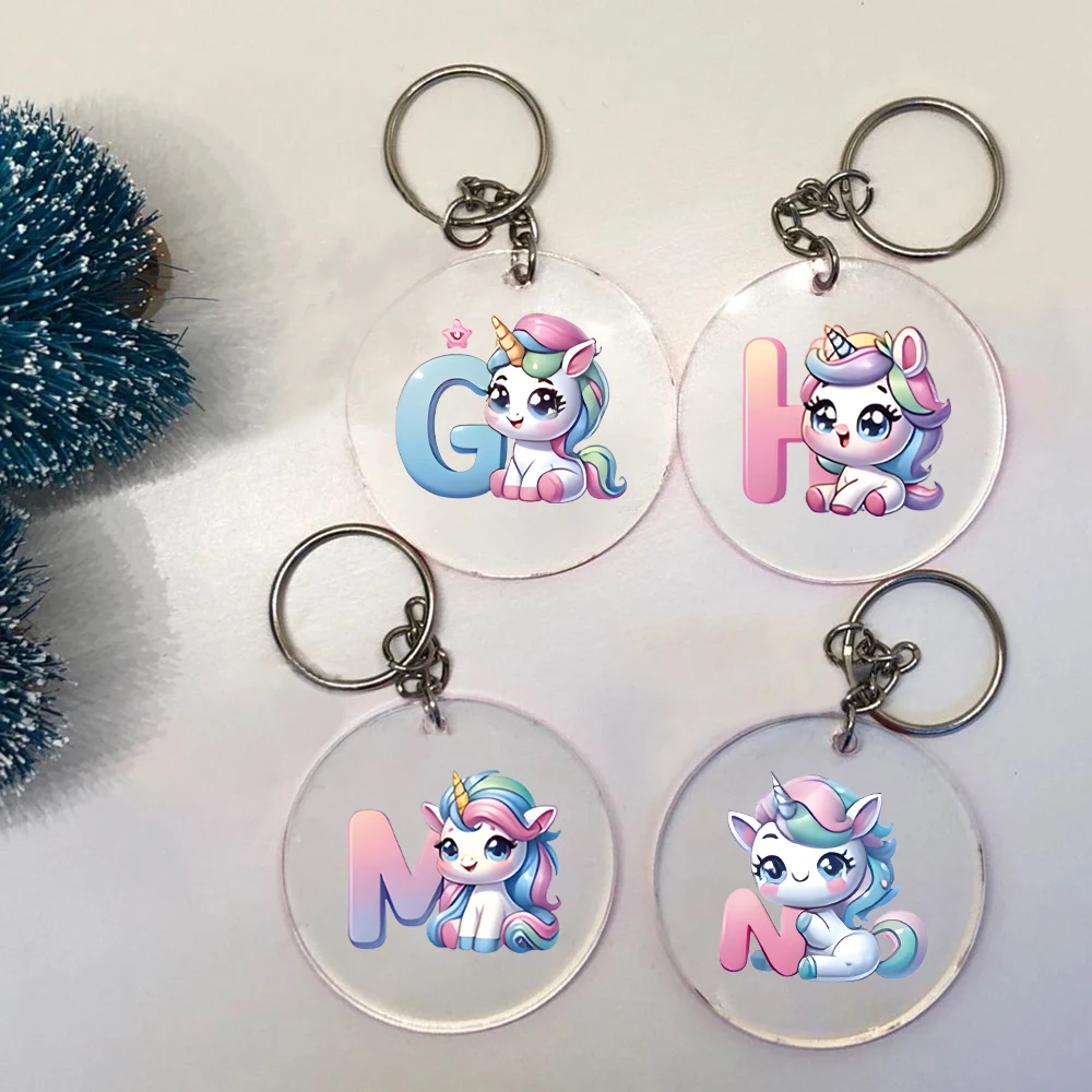 Unicorn&Alphabet Letter Print Key Chain Acrylic Circular Keychain Casual Fashion Circular Keychains The Best Gift To Friend