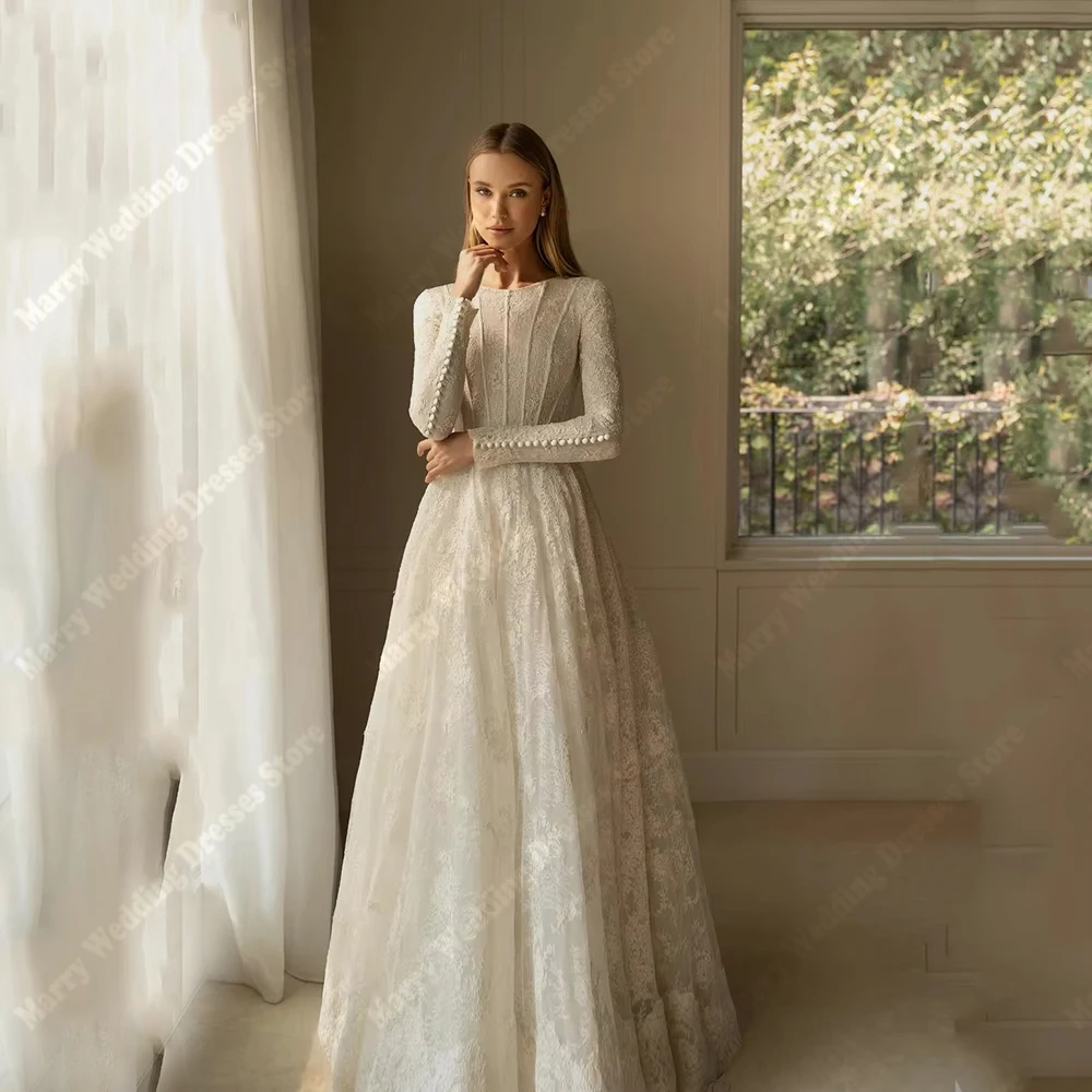 Gaun Pengantin Wanita Sederhana nan Indah, Gaun Pengantin Mewah Berkerah O Lengan Panjang untuk Acara Formal, Vestido Para Mujer, Dapat Dipesan Sesuai Ukuran