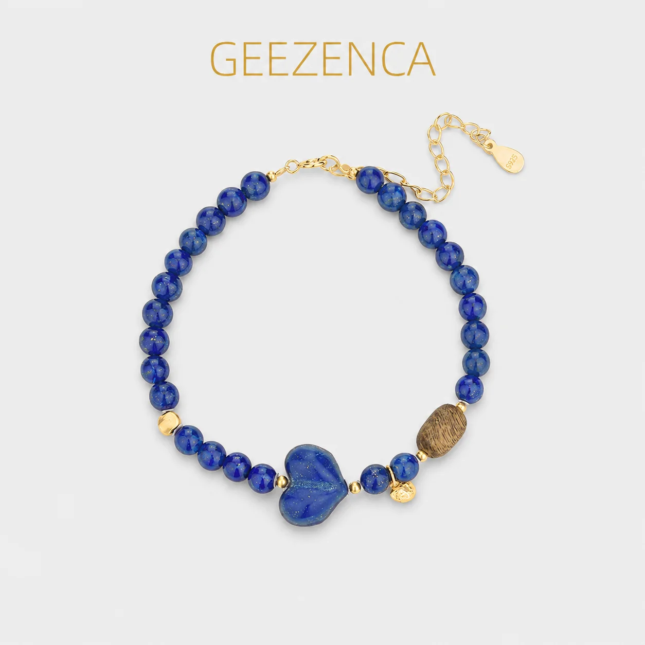 GEEZENCA Lapis Lazuli Beaded Strand Bracelet Women 925 Silver Gold Plated Heart Wood Charm Vintage Unique Layered Bracelets Gift