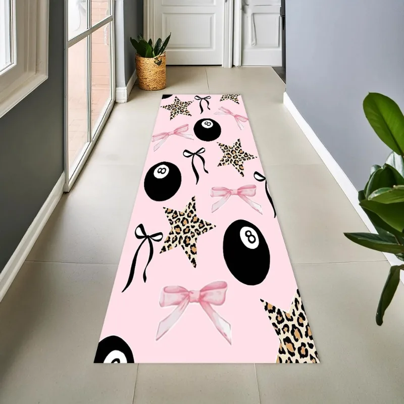 Leopard Print Pink Satin Bow Long Hallway Runner Mat Non Slip Floor Rug Girly Animal Spots Print For Bedroom Corridor Decor