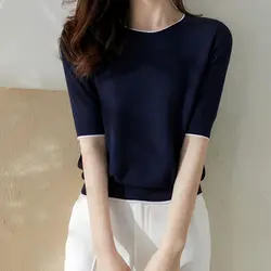 Women Spring Summer Thin Knitted Sweater Solid Casual O-Neck Basic Loose Soft Tops Harajuku Half Sleeve Navy Blue T Shirts