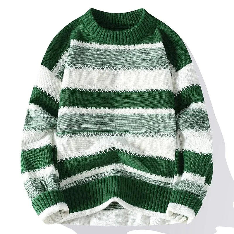 Sweater Men's Spring Autumn and Winter Retro New Contrasting Color Stripes Trend