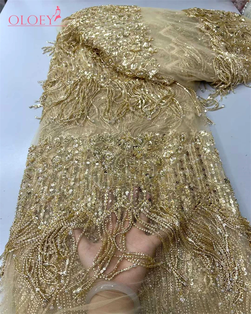 

OLOEY African Heavy Beaded Lace Fabric 2026 High Quality Nigerian Sequin Pearl Lace French Tulle Fabric For Wedding Party Dress