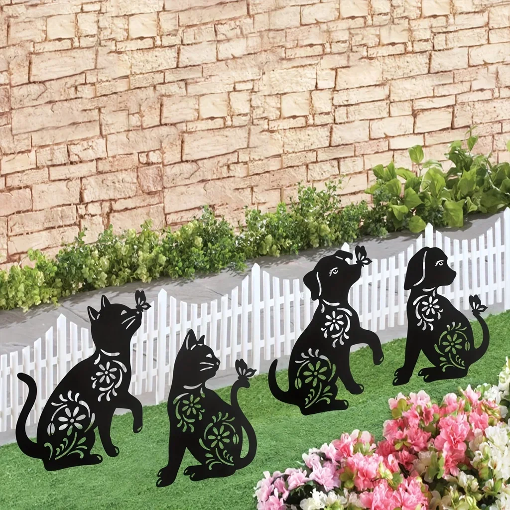 HELLOYOUNG-Metal Gato e Cão Silhueta Decoração, Art Garden Decor, Estacas ao ar livre, Gato Preto e Silhueta Do Cão, Gramado