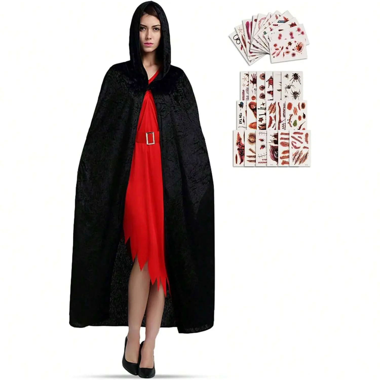 Adult Unisex Vampire Costume Set with Reversible Cloak Cape and Tattoo Scar for Halloween Costume Party