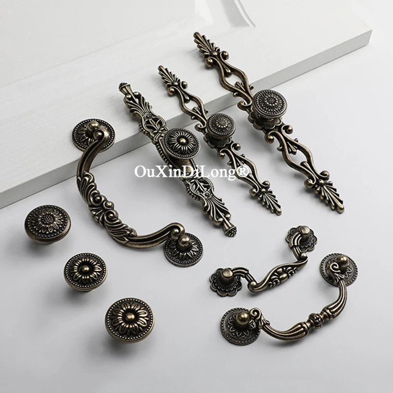 Retro 10PCS Zinc Alloy Antique Carved Furniture Handles Drawer Pulls Cupboard Wardrobe Dresser Shoe TV Wine Cabinet Pulls Knobs