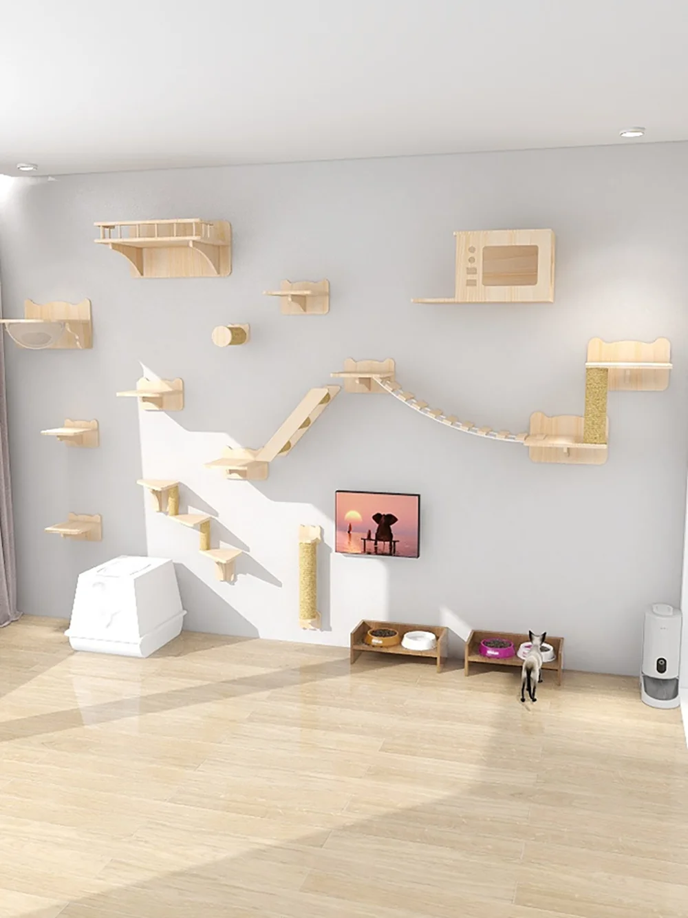 Wall Mounted Solid Wooden Furniture Set Cat Climbing Frame Hammock Scratching Post Shelf with Sisal Jumping Platform Ladder Step