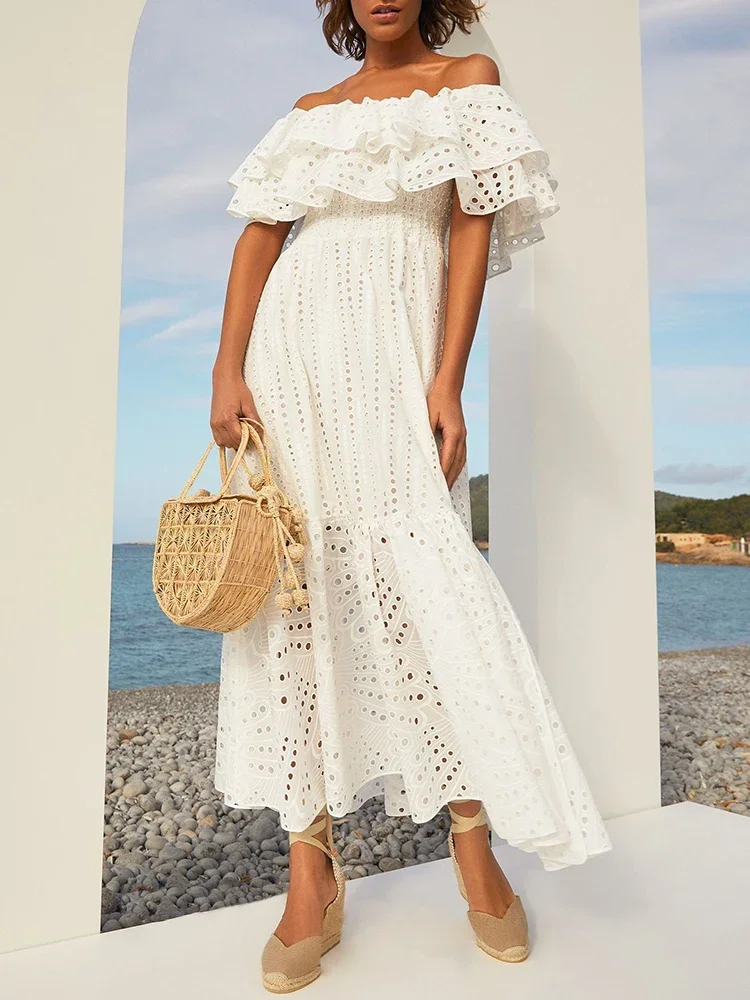 Summer White Lace Dresses Women Hook Flower Hollow Vintage Clothing Ladies Elegant Strapless Ruffles Bodycon Dress Party