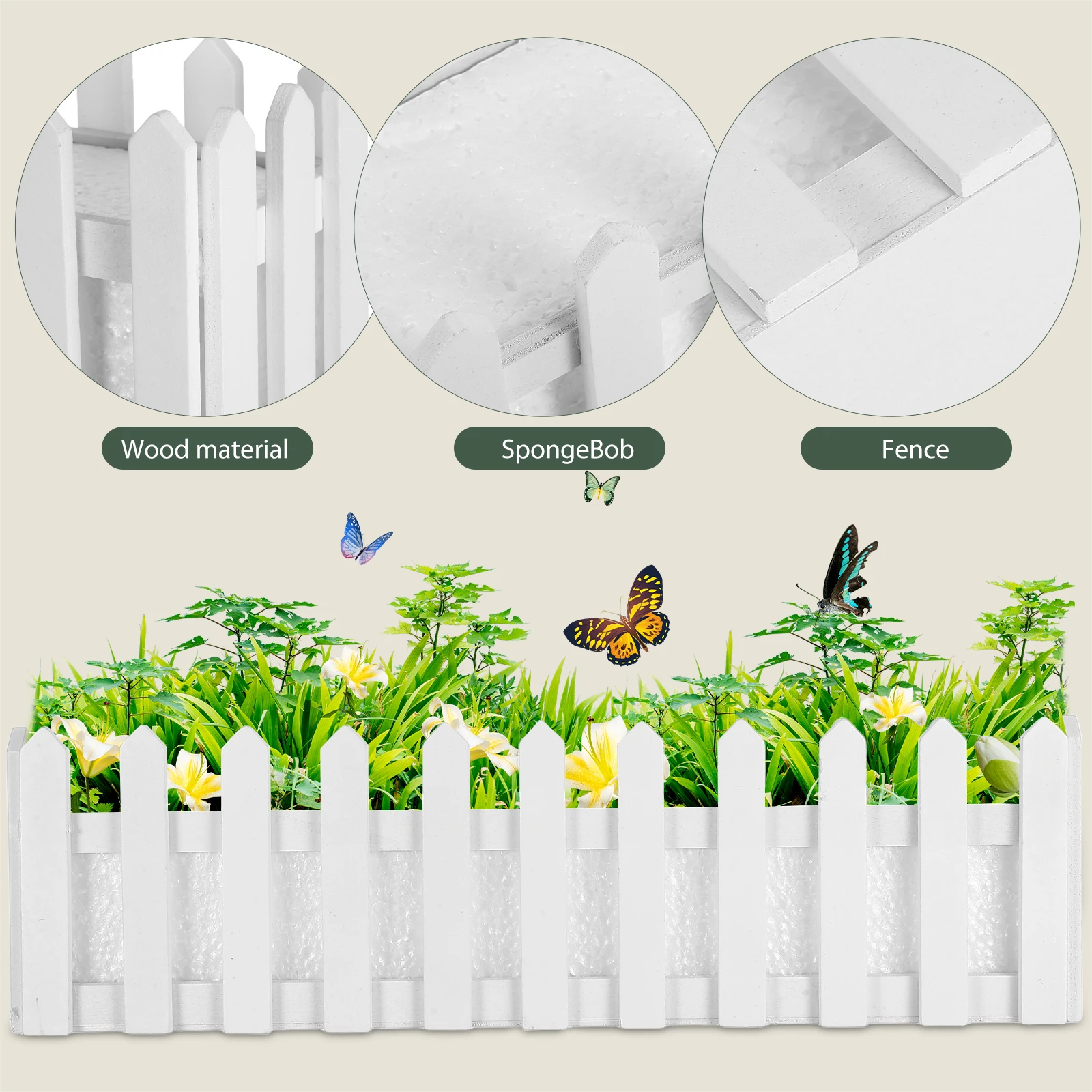 Artificial Flowers Planter 40x9x11cm Foam Wood Fence Pot Rustic Desk Home Office Decor Wooden Container Gardening Storage