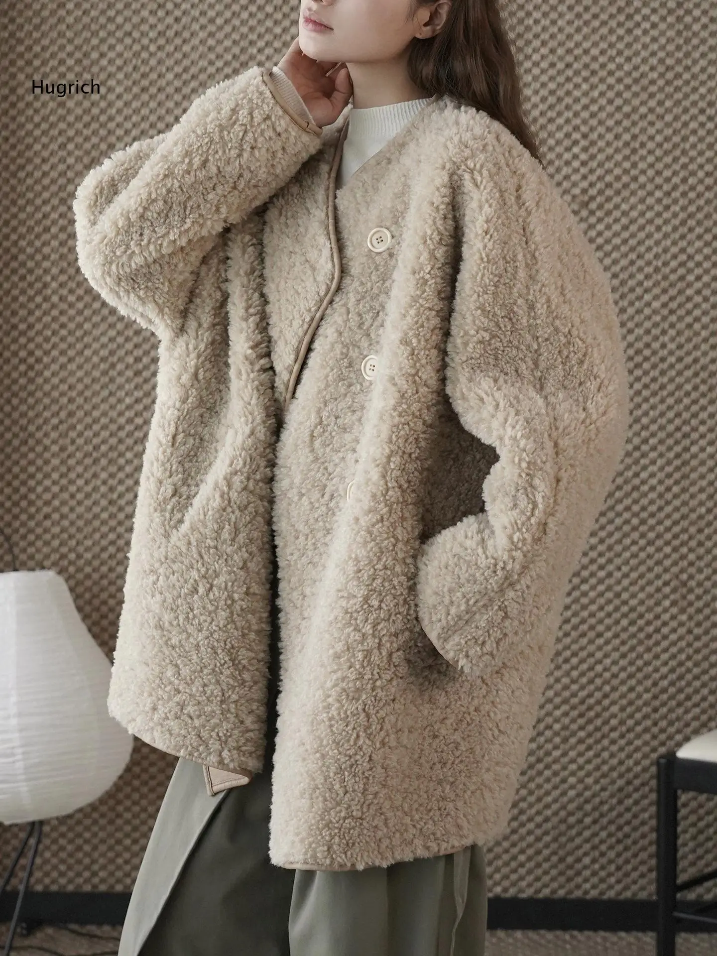 Classic Beige Teddy Bear Style Coat Featuring Textured Panels And Loose Silhouette Women Fashionable Winter Accessory