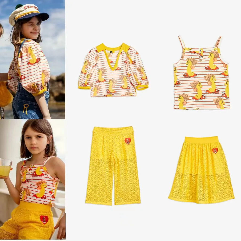 

2023 New Kids Boys Sweatshirts Mini Rodini Boy Girl Hippocampus Shirt Vest Girl Long Sleeve Clothes Yellow Pants Suit