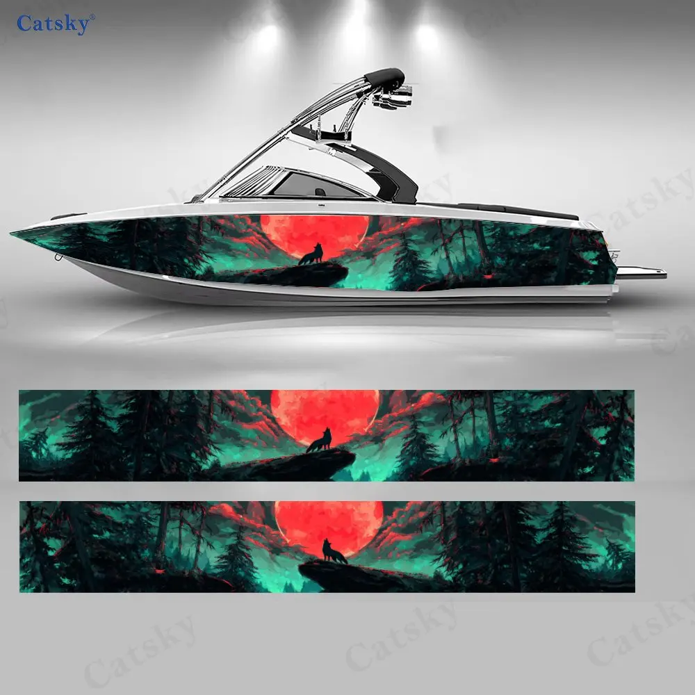 Blood Moon Lone Wolf Teal Boat Stickers, PVC Waterproof Durable Vinyl Wrap Decals for Fishing Boats, Durable and Stylish Design