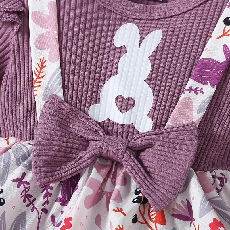 

Newborn Baby Girls Easter Romper Dress Bunny Floral Print Long Sleeve Round Neck Playsuit Skirt Bow Headband Set