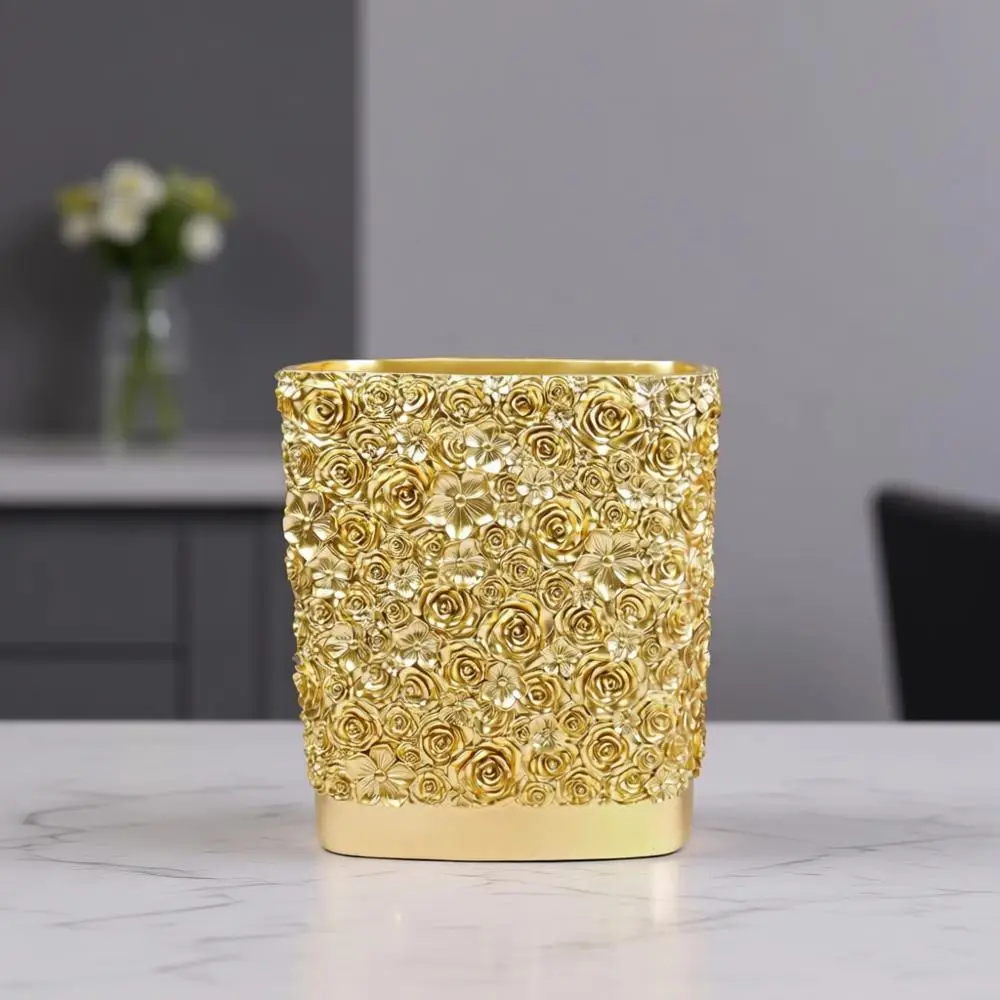 

1.8 Gallon Decorative Kitchen Wastebasket with Hand-Carved Rose Design in Gold