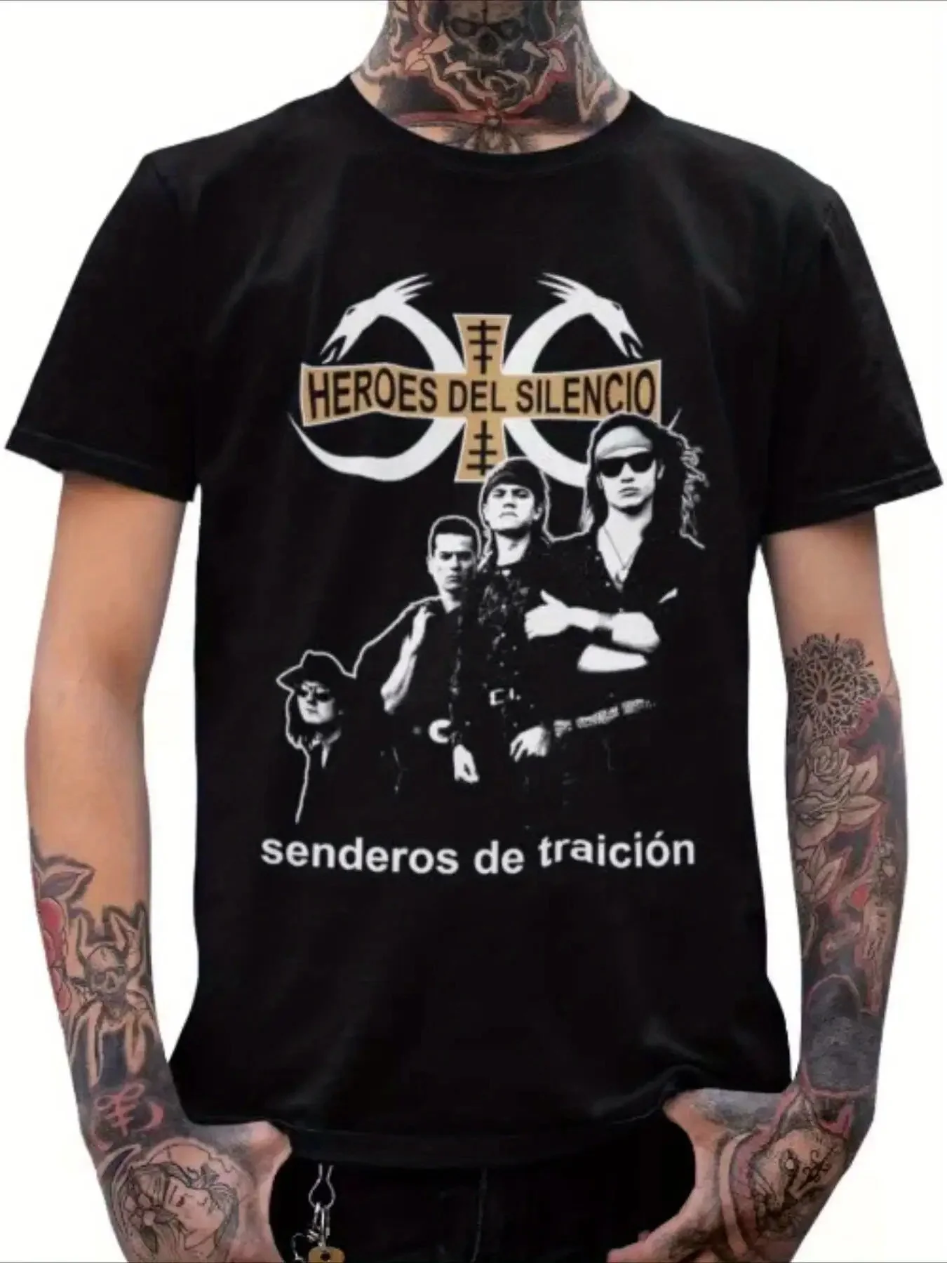 Herren-T-Shirt mit spanischen Texten bedruckt – Muster von Heroes Del Silencio und Sendeos De Traicion, Fan-Kleidung
