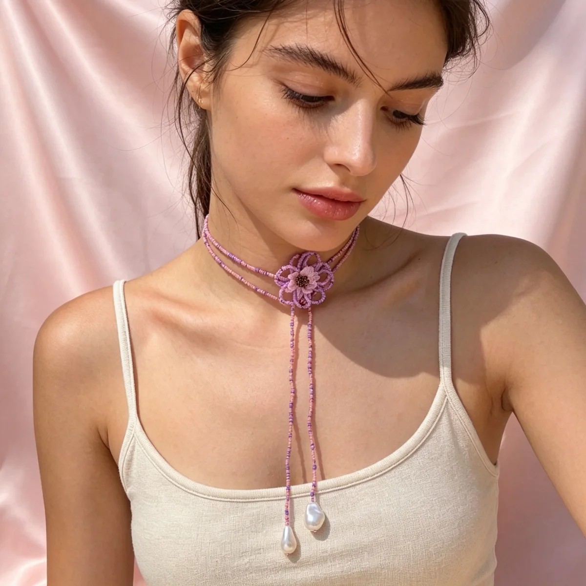 Böhmische handgefertigte Halskette mit gewebten Reisperlen und Blumenmuster für Damen, barocke Kunstperlen-Quastenkette, lange Pulloverkette, Schmuckstück – Detail 14