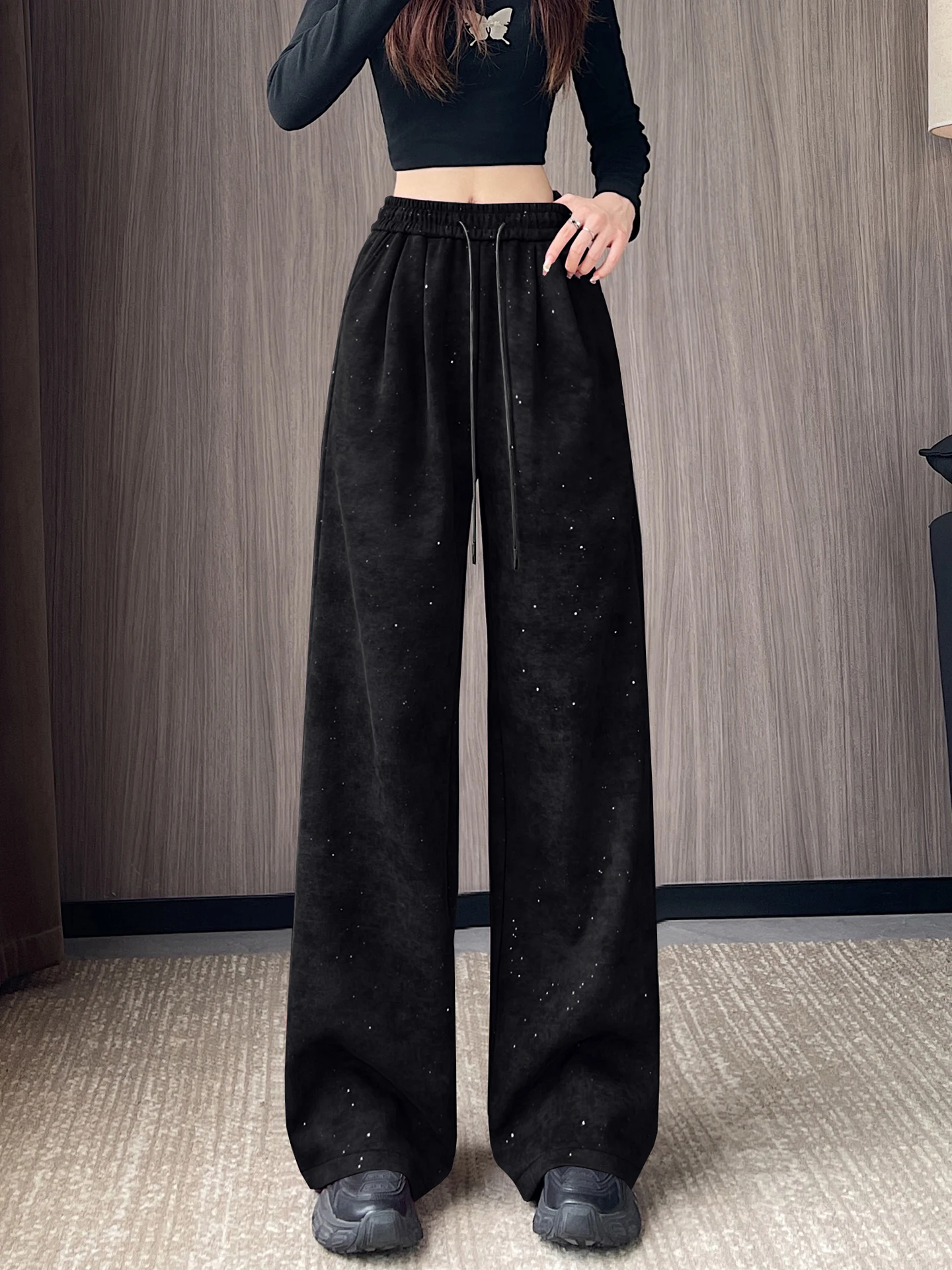 Pantalones deportivos de pierna ancha de cintura alta para mujer, pantalón informal holgado teñido, corte recto, para ir al trabajo, Color puro Simple coreano