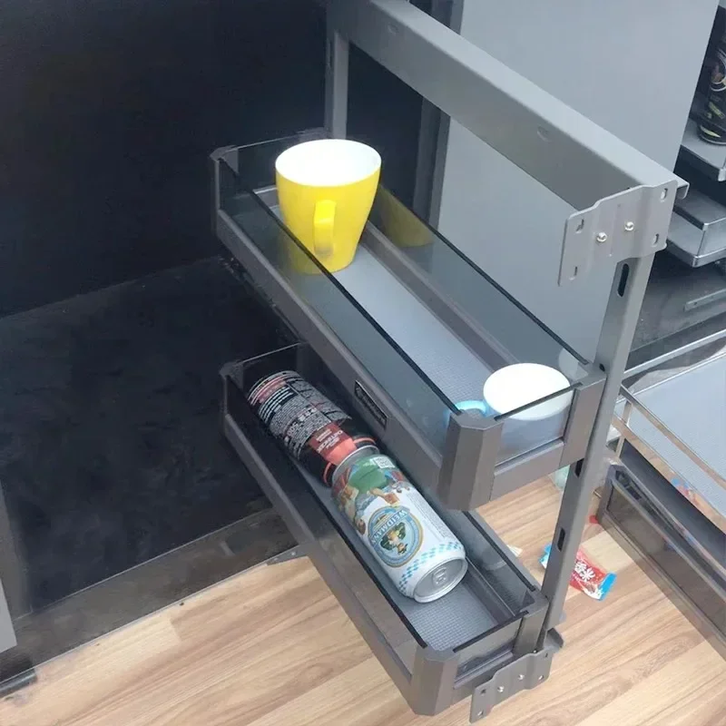 Kitchen Hardware Storage Organizer Glass Slide Out Bottle Pull Out Basket 2 Layers Drawer Rack Cabinet Shelf