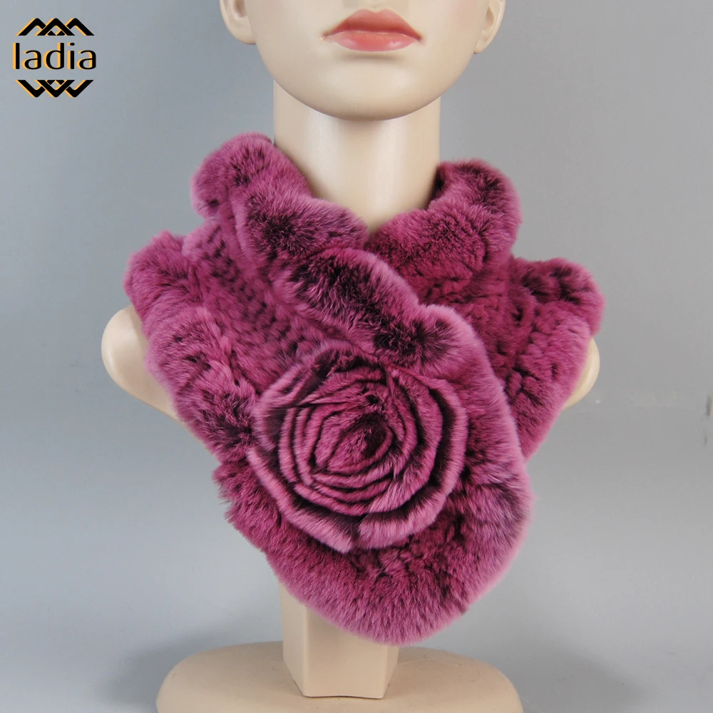 

Winter Neck Scarves Woman Floral 100% Natural Real Rex Rabbit Fur Scarves Lady Knitted Real Fluffy Fur Mufflers Fashion Scarf