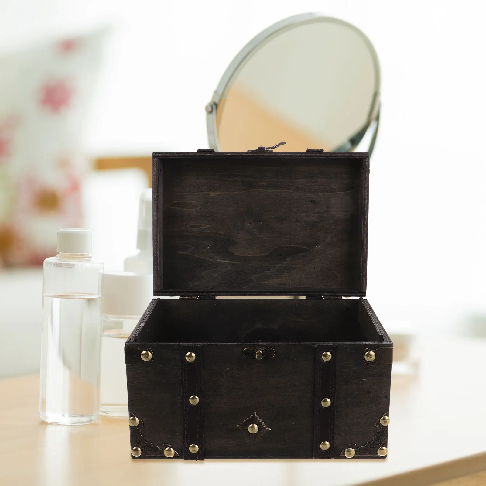 صندوق الصدر الخشبي قفل الكنز الصدر خمر القراصنة تذكار جذع رمادي داكن التخزين المنظم ديكور المنزل زاوية الخشب #2