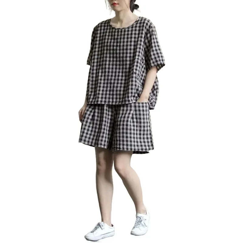 Cotton Loose T-shirt Sets for Women Summer Thin Short-sleeved Plaid Tshirt Five-point Pants Breathable Shorts Casual 2 Piece Set