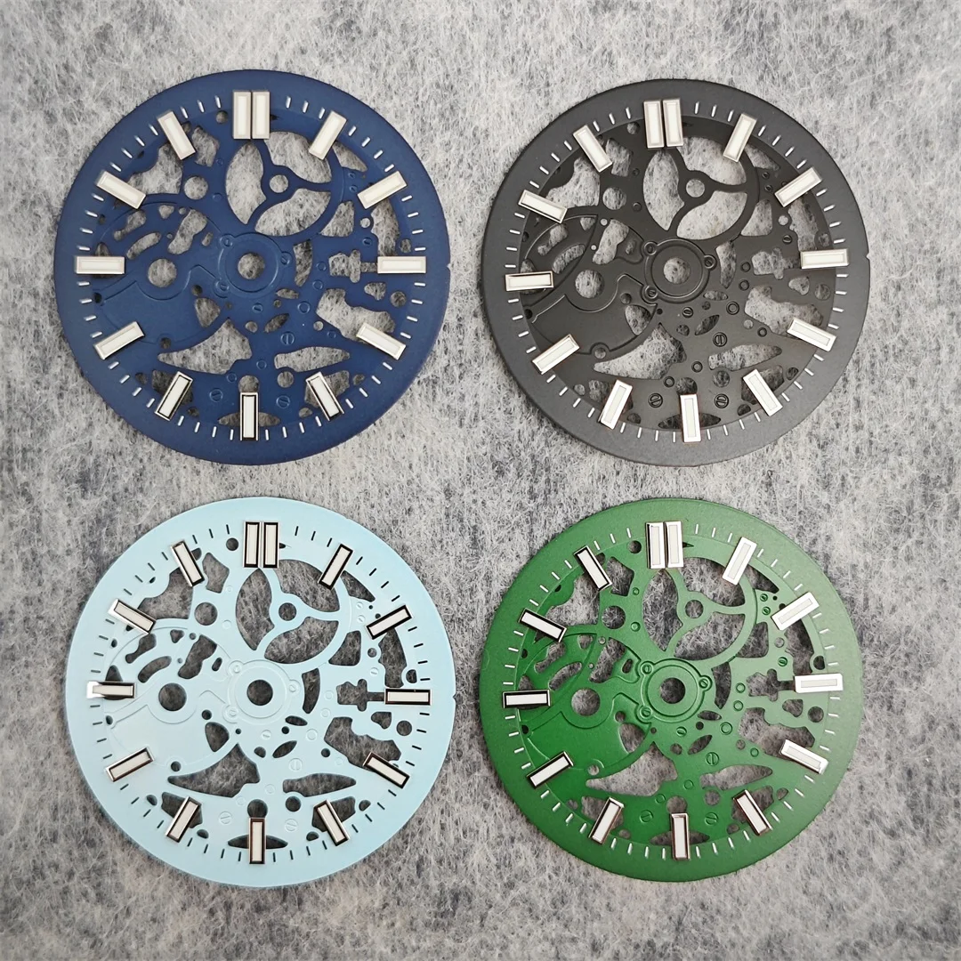 29.8mm Hollowed Out Watch Dial and Watch Hands Log Scale Dial Green Luminous Watch Accessories for NH38 NH70 Movement