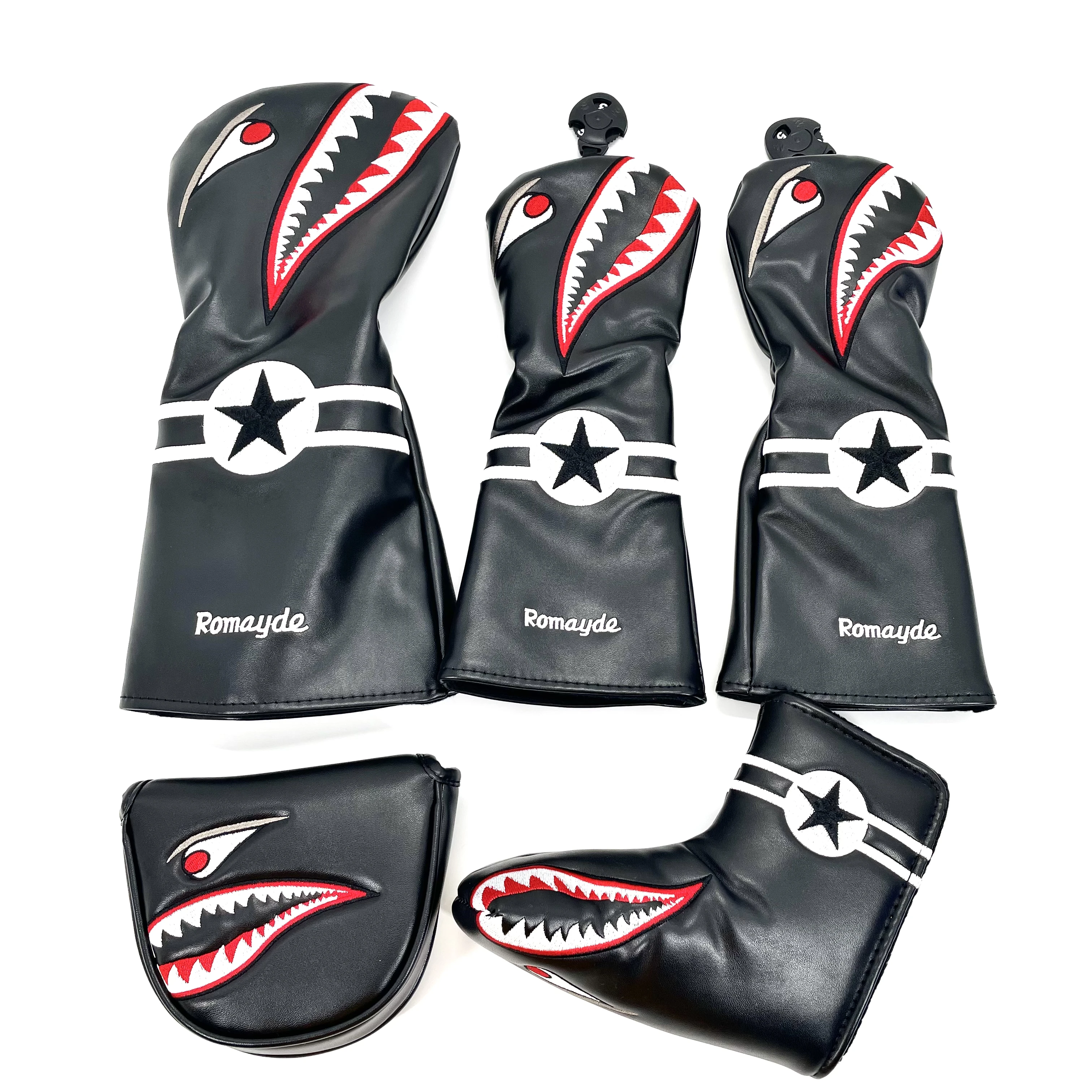 Golf PU Leather Wood Head Cover Golf Driver Fairway Wood Hybrid Head covers Shark Cartoon Pattern Golf Club Protective Sleeve