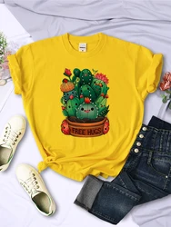 Cute Plant Cactus Free Hugs Print Women T-Shirt Personality Casual All-math Tee Clothing Street Hip Hop Tops Female Short Sleeve