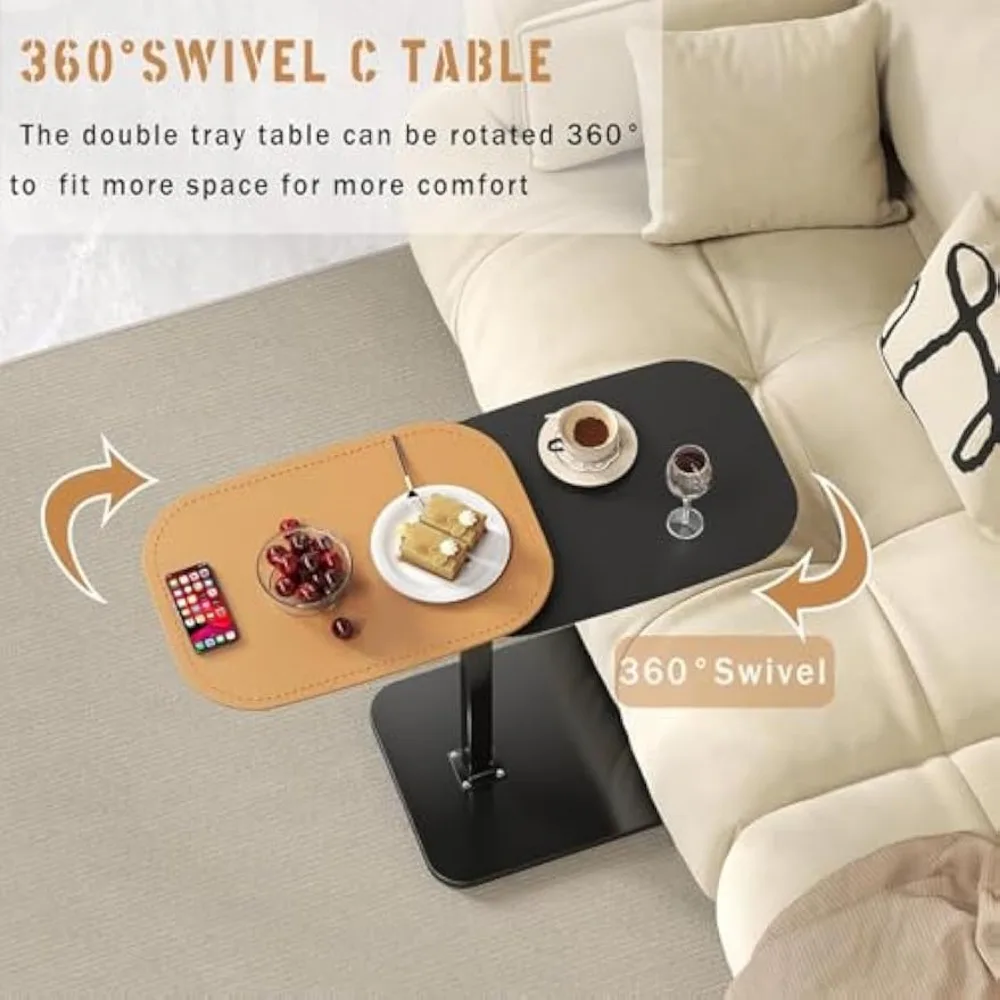 طاولة جانبية دوارة بارتفاع قابل للتعديل على شكل حرف C مع سطح مزدوج للأريكة