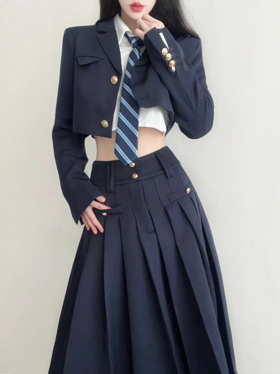 MAGOGO Sweet Cool Hot Girl College Style JK Dress Set Women Autumn Winter Short Jacket Shirt with High Waist Slim Pleated Dress