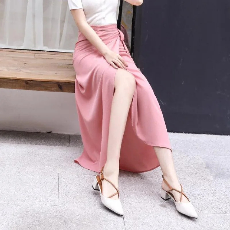 High Waist One Piece Asymmetrical A- Line Wrap Beach Skirt for Women Polyester Fiber Knot Long Skirt Slimming Effect H2