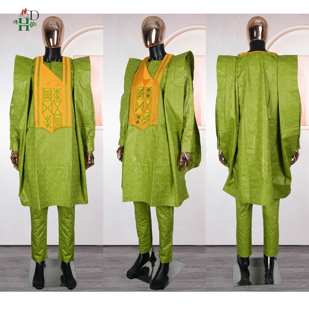 H & D-ropa africana para hombre, conjuntos tradicionales de Agbada, 3 uds., camisa verde Bazin Riche, pantalón bordado, trajes de fiesta de boda de talla grande