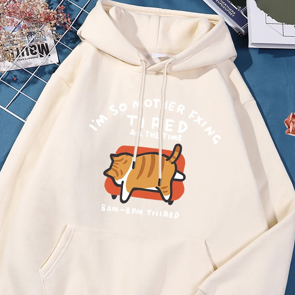 Sudadera holgada informal con capucha para mujer, suéter sencillo deportivo, ropa versátil Y2K, estampado blanco, gato naranja tumbado en el sofá