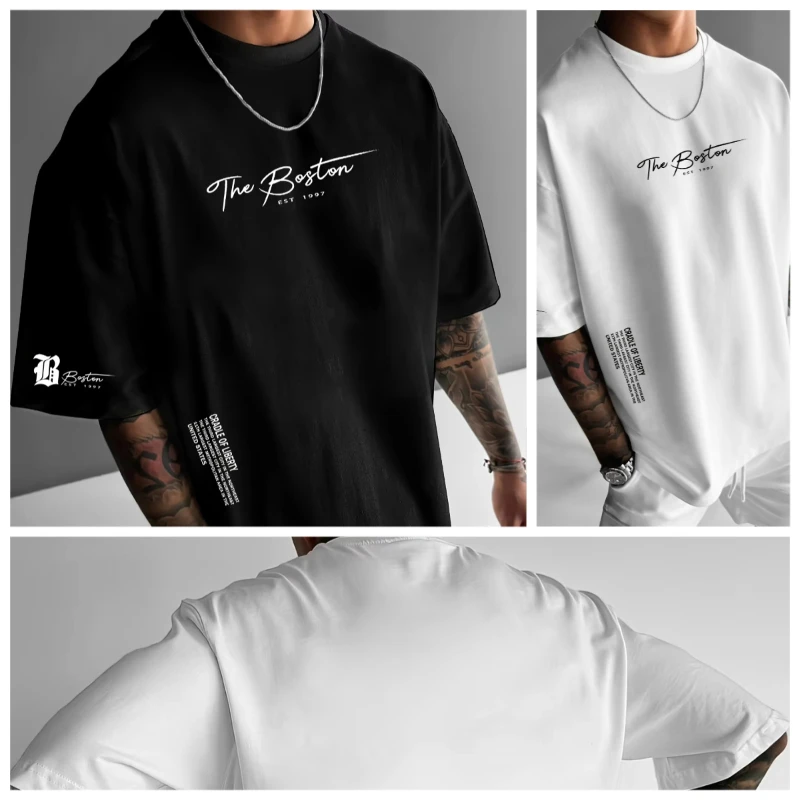 

Plus Size Cotton Men's Casual Fashion T-shirt Boston Slogan Letter Print Round Neck Summer Daily Outdoor Sports Leisure Tshirt
