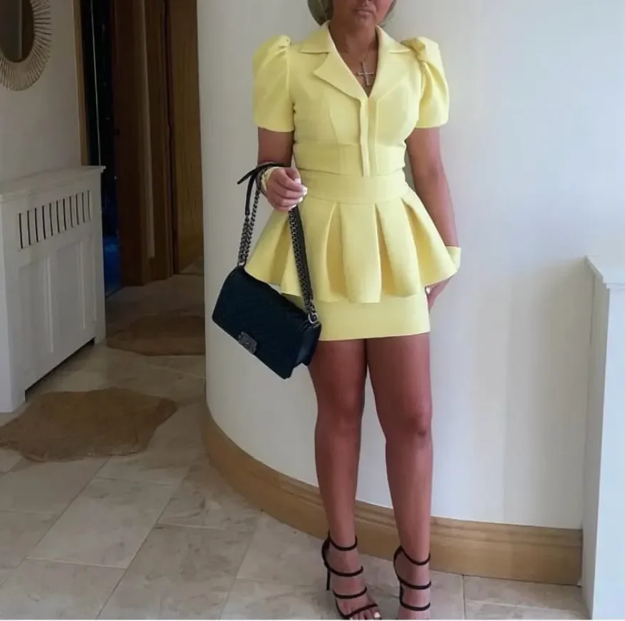 

Women's Party Dress Yellow Short Sleeves V Neck Sheath Mini Party Gowns for Women 2025 Ruffle Modern Wedding Guest Dresses Short