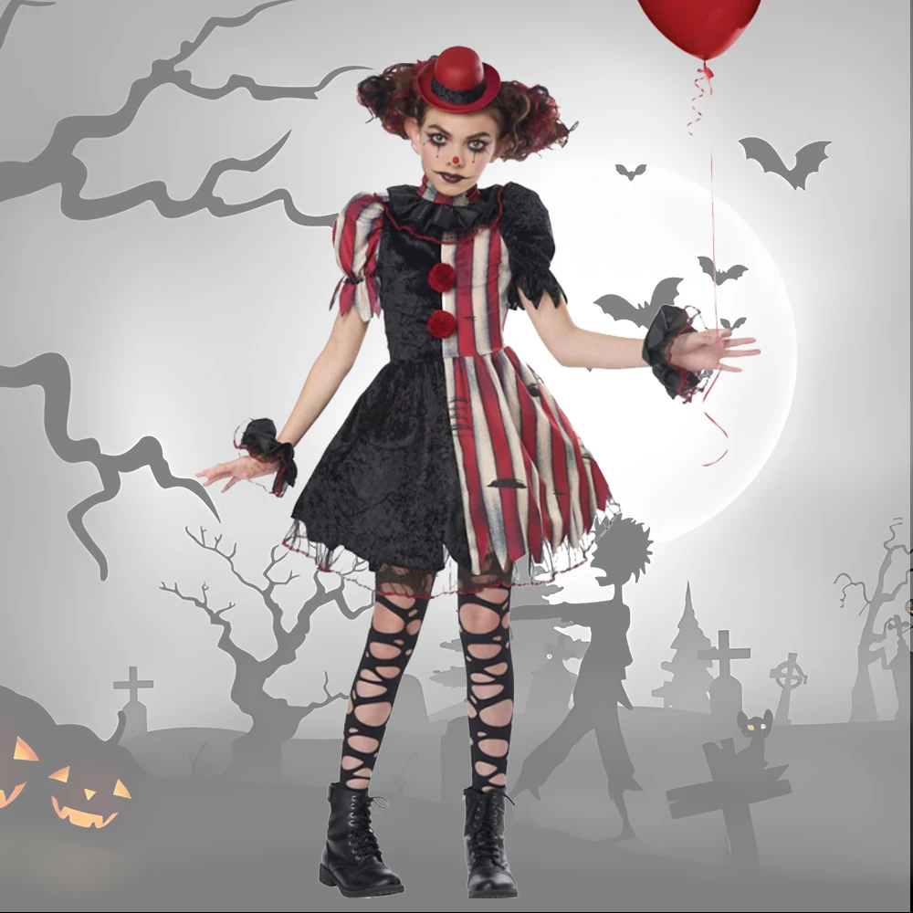 

Children Girls Clown Dress Scary Evil Circus Clown Cosplay Costume Holiday Party Harley Movie Clown Dress Up Kid Clothes