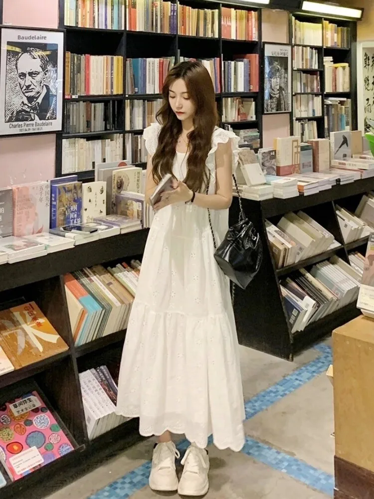 

plus Size Sweet Loose Lace Trim Knee-Length Dress Korean Style Commute Wind Flying Sleeve Casual Chic for Pear Shaped Women