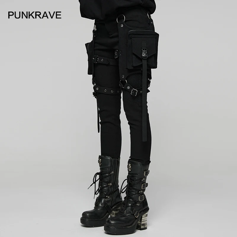 PUNK RAVE Women's Punk Detachable 3d Leg Pockets Practicality Leggings Mesh  Splicing Enriches Visual Personalized Dark Trousers