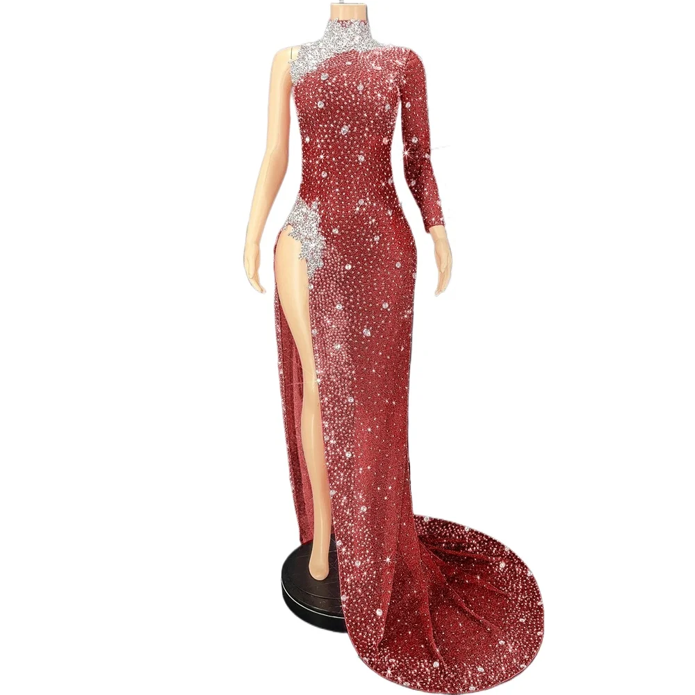 Strass brilhantes manga única alta divisão vestido longo feminino sexy celebrar noite baile de formatura vestido de festa aniversário sessão de fotos wear
