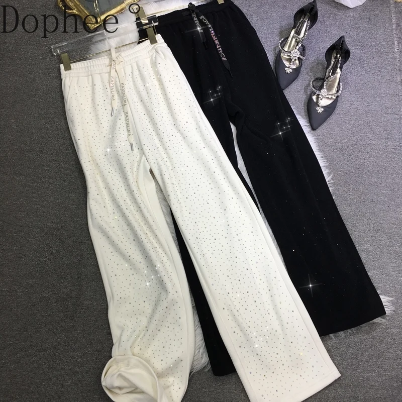 Thicken Fleece Straight Pants Women Autumn Winter Hot Drilling Chenille Casual Long Trousers Elastic Waist Loose Wide Leg Pants