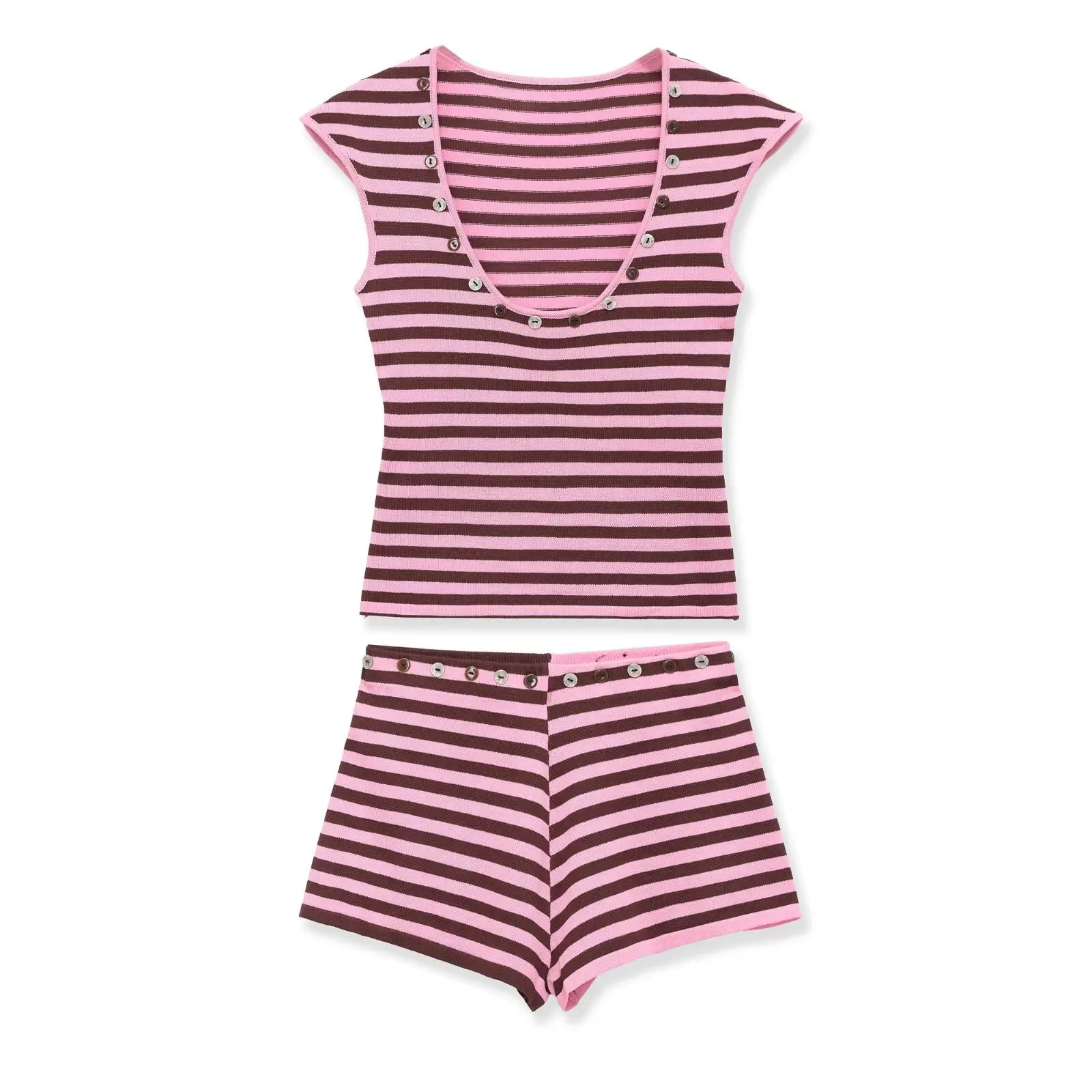 

Withered European And American Style New Striped U-neck Knitted Sweater+button Decoration Casual Shorts Set Two Piece Set Women'