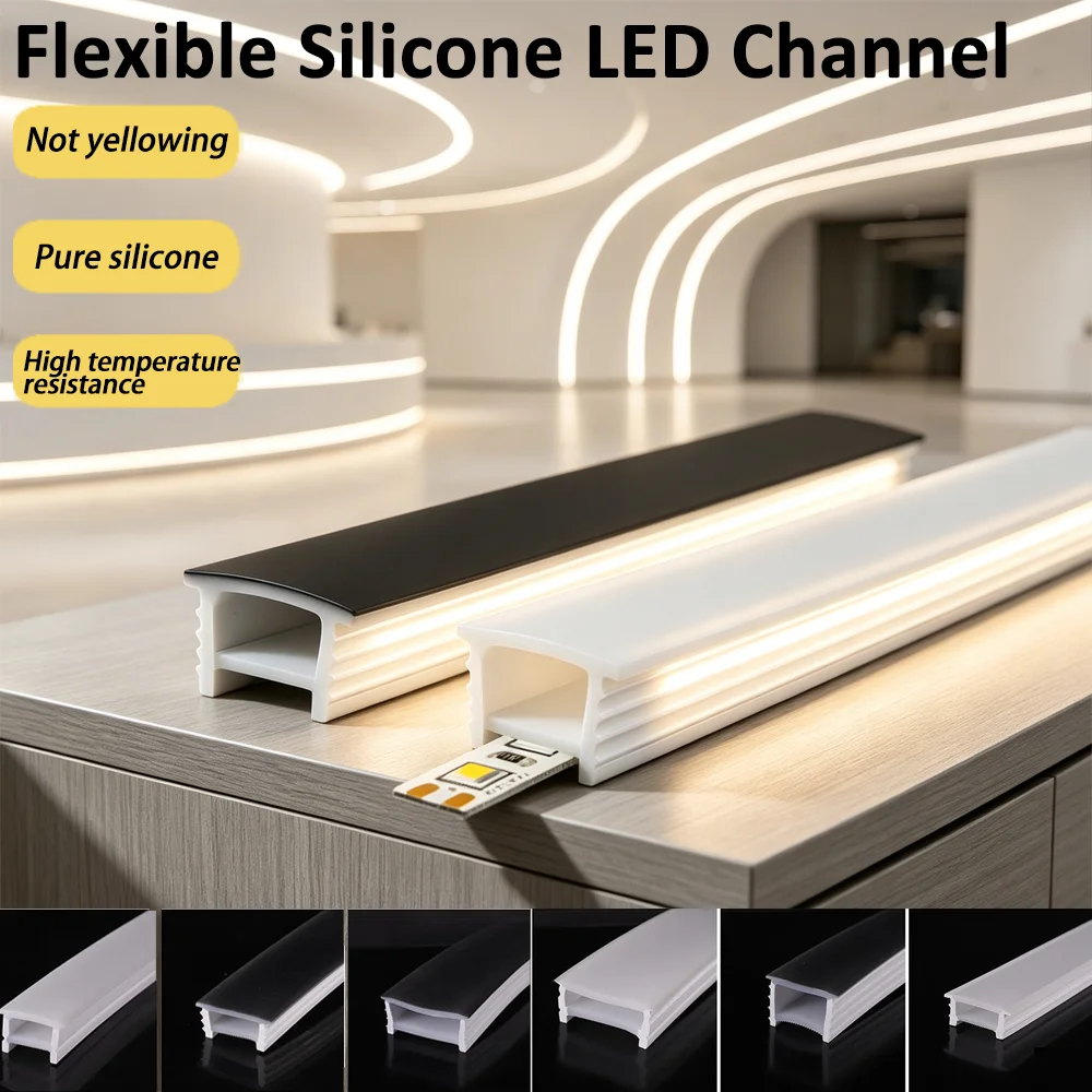 1-5M Flexible Silicone LED Channel Profile with Diffuser Recessed Mount LED Strip Linear Lighting Flanged Edgeless Black White