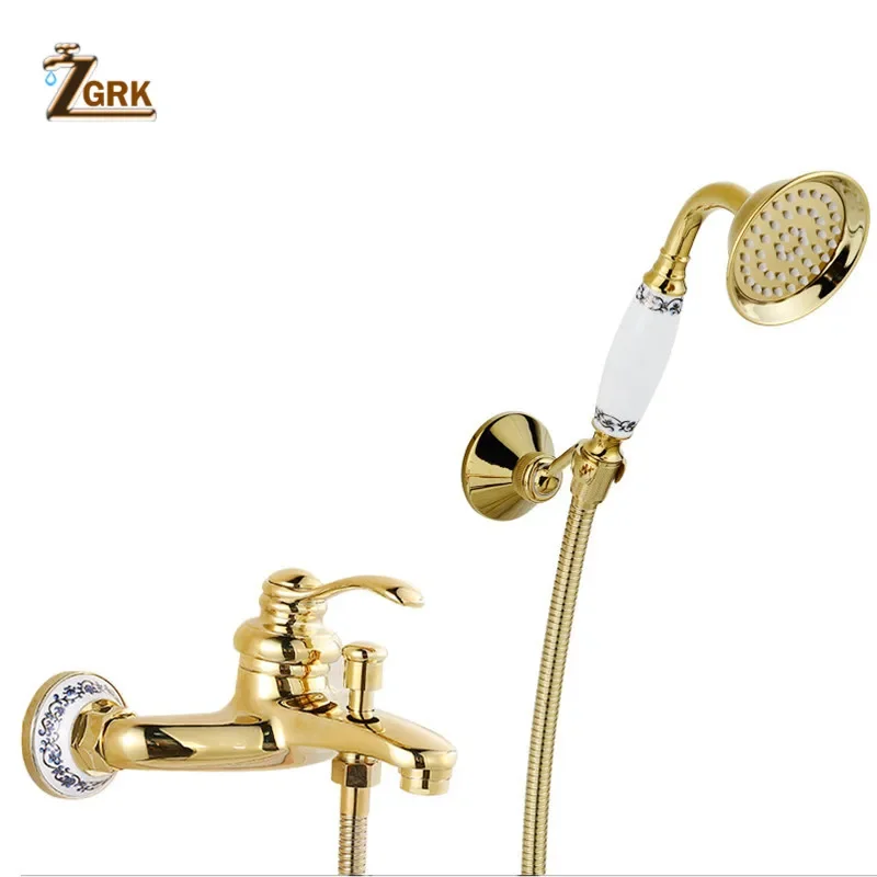 Imagem -06 - Zgrk Torneiras de Banheira Luxuosas Feitas de Cristal Dourado com Misturador e Suporte na Parede para Telefone