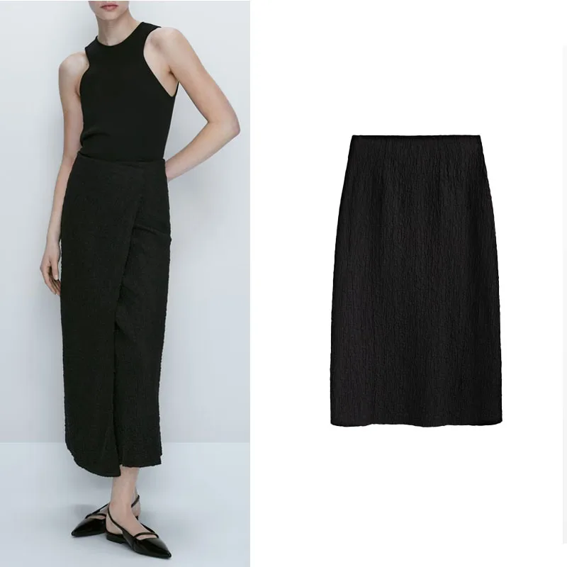 High Waist Midi Length Wrap Style Long Skirt Commute Texture Full Body Skirt Street Style Pure Color Polyester Fiber