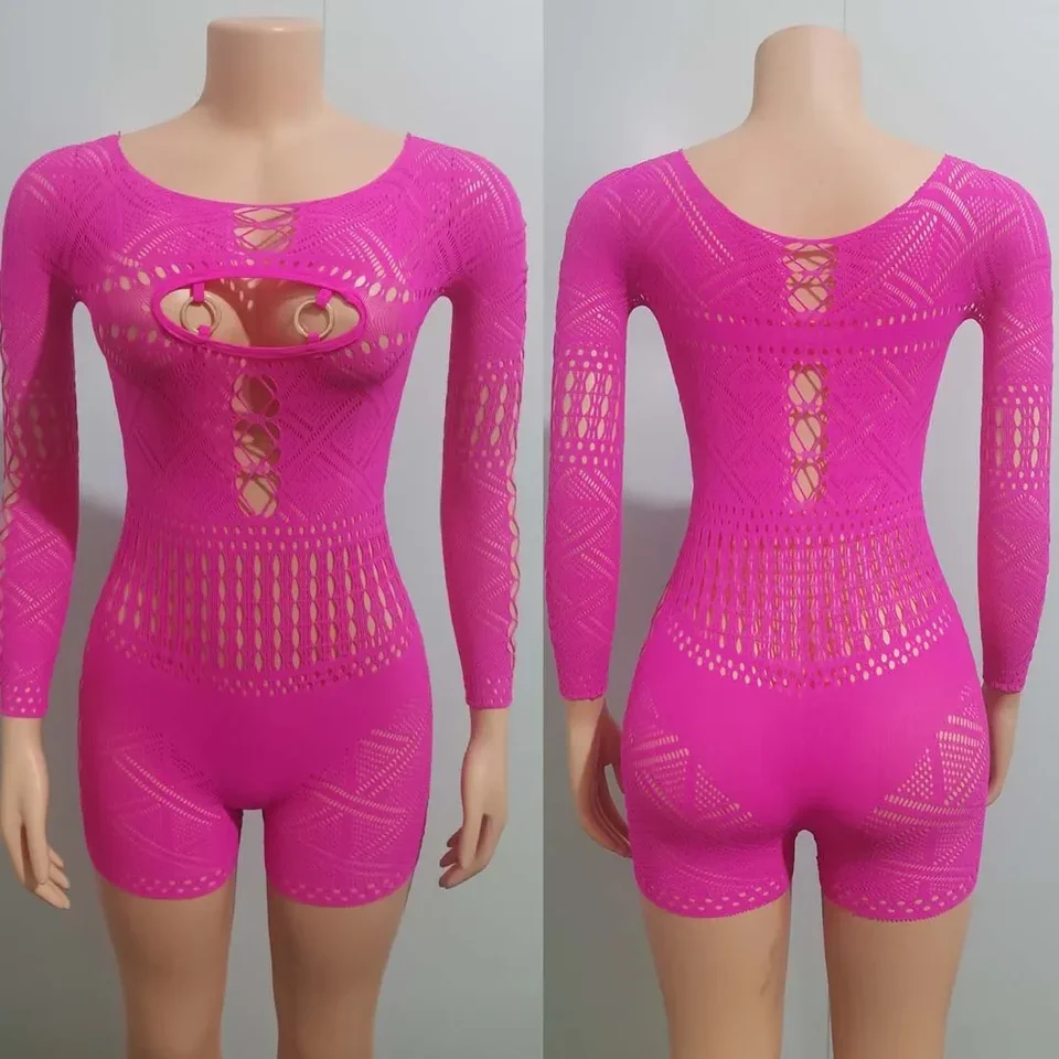 Mono corto Sexy de malla transparente con agujeros para mujer, peleles de manga larga, pantalones cortos ajustados, mono de una pieza