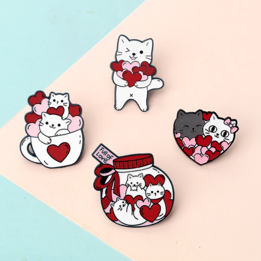 Full Of Love Heart Wink Kitten Metal Pin Cute Cup Jar White Cat Cartoon Brooch Enamel Meow Lapel Badge Pin Denim Clothes Jewelry